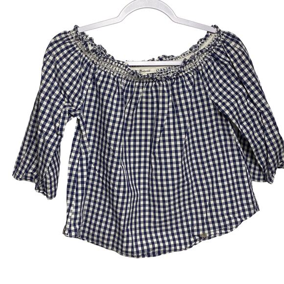 Madewell Smocked Gingham Off the Shoulder Navy and White Top XS (2369) - Picture 3 of 6